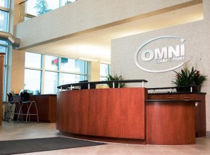 Front desk of omni glass and paint
